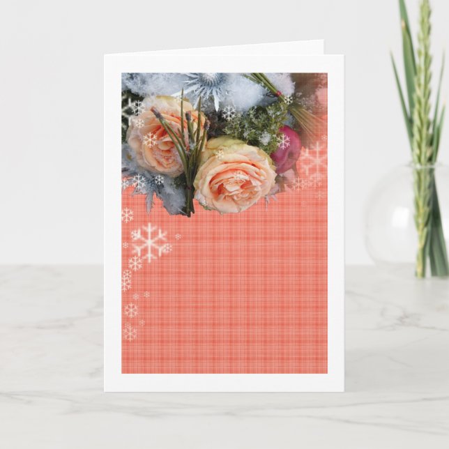 Cartão De Festividades Merry Christmas Peach Roses Plaid (Frente)