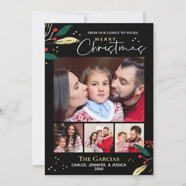 Cartão De Festividades Merry Christmas Photo Black Red Gold Greenery (Frente)