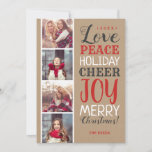 Cartão De Festividades Merry Christmas Photo Collage Holiday Card<br><div class="desc">Affordable custom printed holiday photo cards with simple templates for customization. This modern rustic design has a festive mix of typography in red, white and gray on a faux kraft paper background. The wording says Love, Peace, Holiday Cheer, Joy, and Merry Christmas. Personalize it with 4 of your photos along...</div>