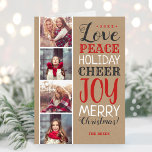 Cartão De Festividades Merry Christmas Photo Collage Holiday Card<br><div class="desc">Affordable custom printed holiday photo cards with simple templates for customization. This modern rustic design has a festive mix of typography in red, white and gray on a faux kraft paper background. The wording says Love, Peace, Holiday Cheer, Joy, and Merry Christmas. Personalize it with 4 of your photos along...</div>