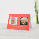 Cartão De Festividades Merry Christmas Photo Grandparents to Grandkids<br><div class="desc">Grandparents will love this fun Holiday Christmas card with 2 photos  that can be personalized for your grand kids. Cute red background with green yellow dots and a fun Christmas tree  connecting the pictures.   Text can be changed according to the holiday,  occasion and persons.</div>