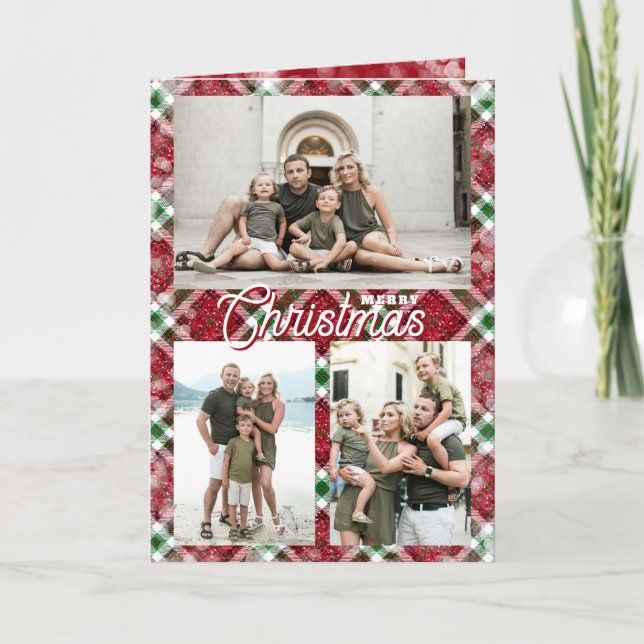 Cartão De Festividades Merry Christmas Plaid 3 Photo Folded (Frente)