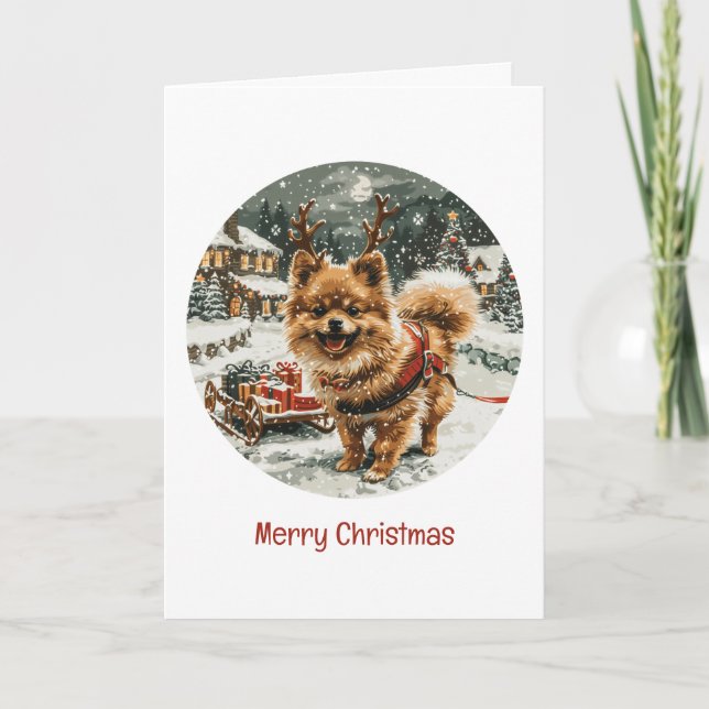 Cartão De Festividades Merry Christmas Pomeranian Reindeer Dog (Frente)