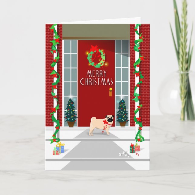 Cartão De Festividades Merry Christmas - Pug Dog at Door - Greeting Card (Frente)
