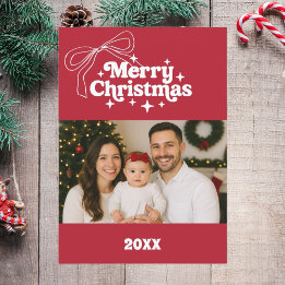 Cartão De Festividades Merry Christmas red bow retro photo card