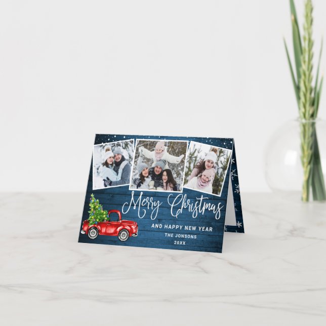 Cartão De Festividades Merry Christmas Red Farm Truck 3 Photo (Frente)