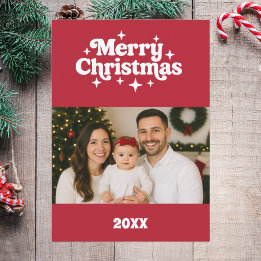 Cartão De Festividades Merry Christmas red white retro photo card