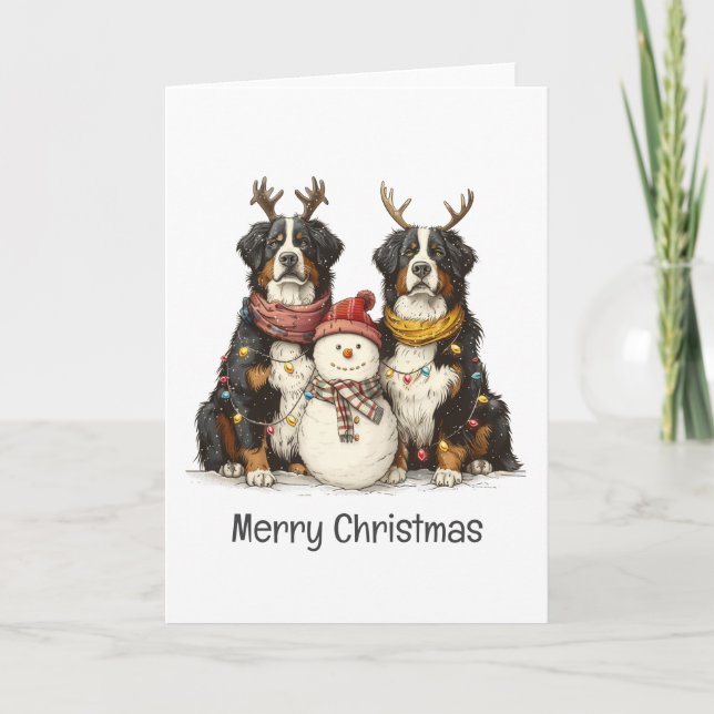 Cartão De Festividades Merry Christmas Reindeer Bernese Mountain Dogs (Frente)