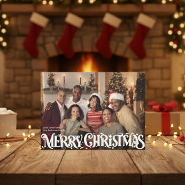 Cartão De Festividades Merry Christmas Retro Script | Custom Four-Photo
