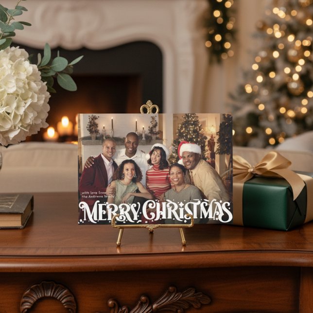 Cartão De Festividades Merry Christmas Retro Script | Custom Four-Photo (Criador carregado)