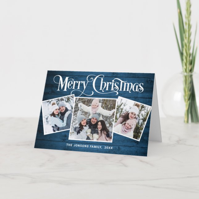 Cartão De Festividades Merry Christmas Rustic Blue Wood 4 PHOTO Greeting (Frente)