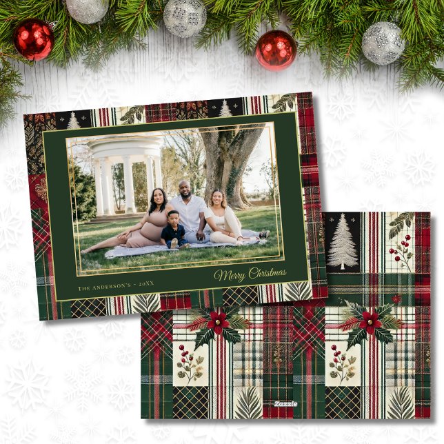 Cartão De Festividades Merry Christmas Rustic Plaid Custom Photo  (Criador carregado)