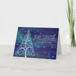 Cartão De Festividades Merry Christmas Sister, Bokeh Effect & Tree<br><div class="desc">Beautiful holiday card with rich,  eye catching colors in hues of blue,  green and purple features a bokeh effect behind a graphic Christmas tree made of swirls and glowing stars A perfectly simple and elegant holiday greeting for your sister.</div>