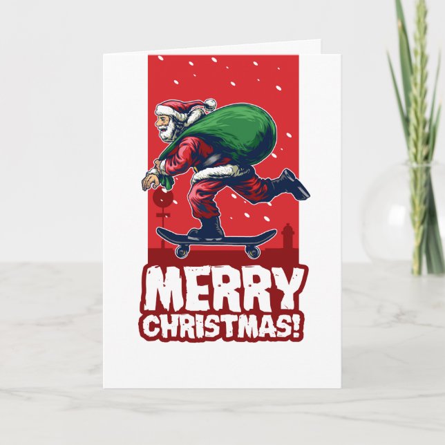 Cartão De Festividades Merry Christmas Skateboarding Santa | Holidays (Frente)