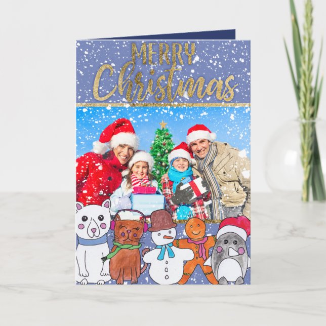 Cartão De Festividades Merry Christmas Snowman and Friends Family Photo (Frente)