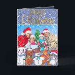 Cartão De Festividades Merry Christmas Snowman and Friends Family Photo<br><div class="desc">This "Merry Christmas" faux printed gold typography with a snowy blue background and hand-drawn, hand painted winter characters; including a polar bear, kitty cat, snowman, gingerbread man, and cute penguin design is perfect for the Holiday season. It's festive and fun print is a great Christmas card for family and friends....</div>