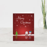 Cartão De Festividades Merry Christmas Snowman and Santa<br><div class="desc">A cute Christmas illustration featuring a snowman,  Santa Claus,  a Christmas tree,  snow and stars on a red background.</div>