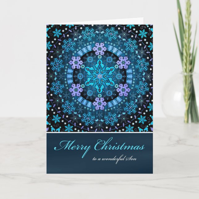 Cartão De Festividades Merry Christmas Son, Blue Boho Snowflakes (Frente)