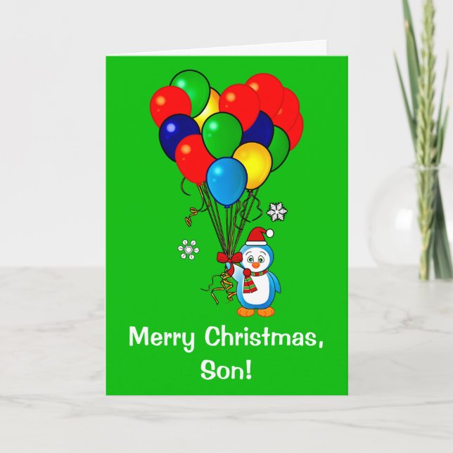 Cartão De Festividades Merry Christmas Son Penguin with Balloons (Frente)