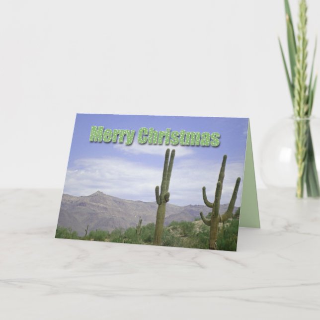 Cartão De Festividades Merry Christmas Southwest Landscape with Saguaros (Frente)