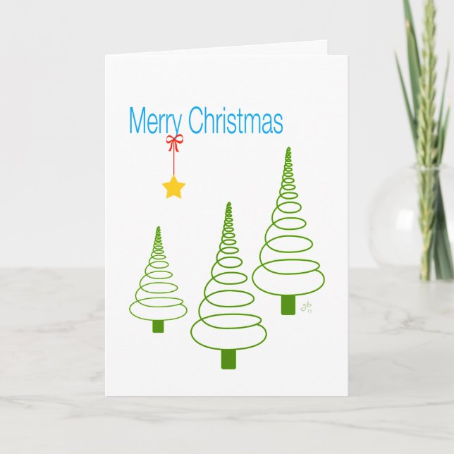 Cartão De Festividades Merry Christmas, Spiral Trees, Star and Ribbon (Frente)