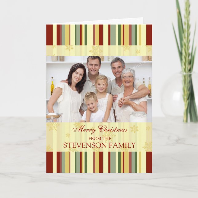 Cartão De Festividades Merry Christmas Stripes and Snowflakes Photo Card (Frente)