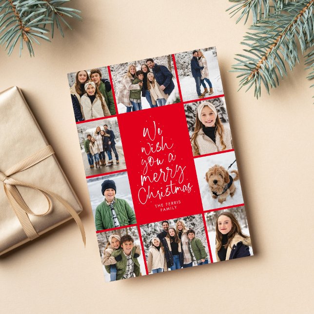 Cartão De Festividades Merry Christmas tree se diverte 10 foto colage red (Criador carregado)