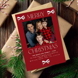 Cartão De Festividades Merry Christmas trendy red white bow family photo