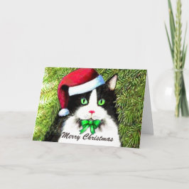 Cartão De Festividades Merry Christmas Tuxedo Cat in Santa Hat