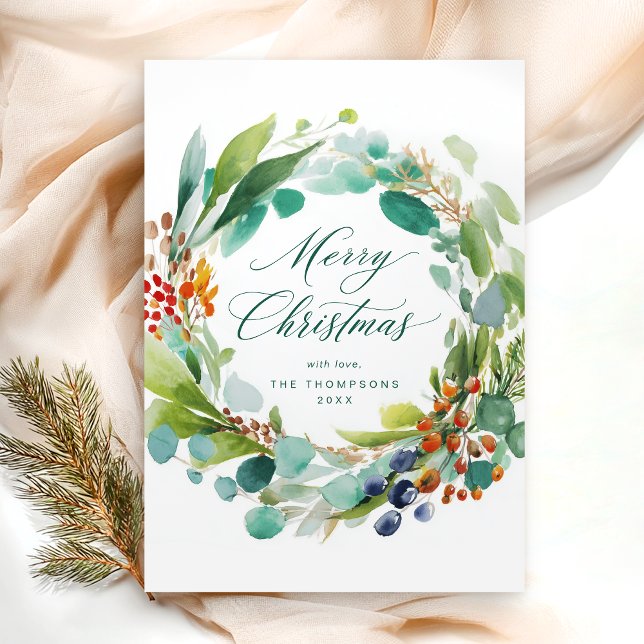 Cartão De Festividades Merry Christmas Watercolor Botanical (Criador carregado)