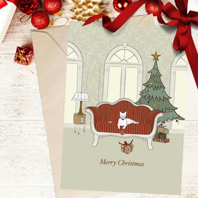 Cartão De Festividades Merry Christmas White Cat Greeting Card (Criador carregado)