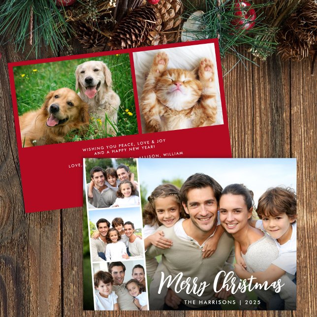 Cartão De Festividades Merry Christmas White Script Photo Strip (Share the love and warmth of the holiday season with this personalized photo Christmas card)