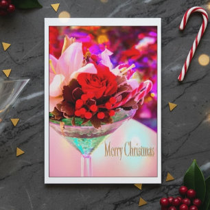 Cartão De Festividades Merry Christmas With Flowers In Martini Glass