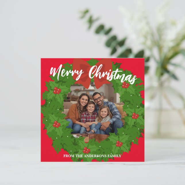Cartão De Festividades Merry Christmas Wreath Photo Personalized Family N (Em pé/Frente)