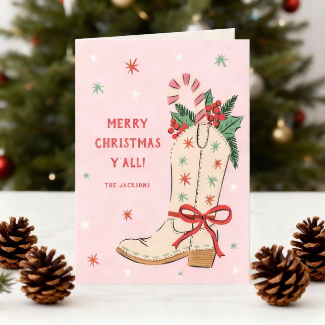 Cartão De Festividades Merry Christmas Y'all Country Cowboy Boot  ("merry Christmas y'all" country-themed holiday card with hand-drawn cowboy boot)