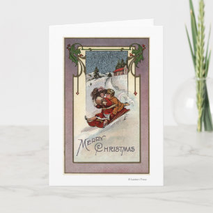 Cartão De Festividades Merry ChristmasCouple Sledding