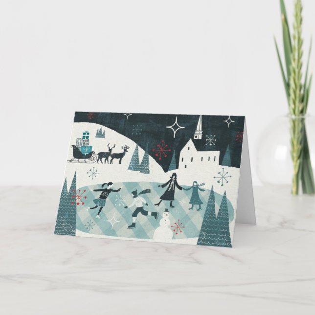 Cartão De Festividades Merry Christmastime Skating Scene (Frente)