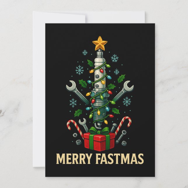 Cartão De Festividades Merry Fastmas Spark Plug Christmas Tree Mechanic  (Frente)