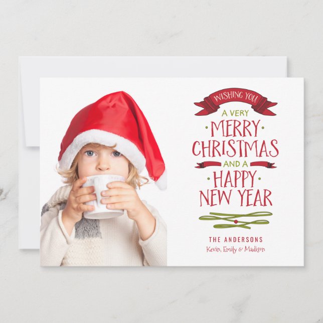 Cartão De Festividades Merry Greetings Red Banner Holiday Photo Card (Frente)
