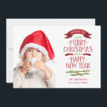 Cartão De Festividades Merry Greetings Red Banner Holiday Photo Card<br><div class="desc">Hand lettered typography with vintage styled banners in red and green sends holiday wishes for a Merry Christmas and a Happy New Year to family and friends this holiday season. See the entire collection of holiday greetings and photo cards at katparrella.com</div>