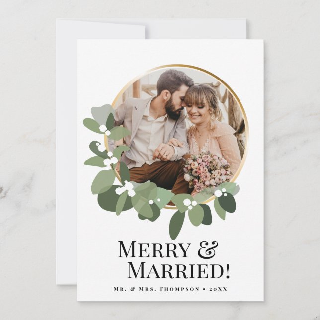 Cartão De Festividades Merry & Married Photo Modern wreath Elegant (Frente)