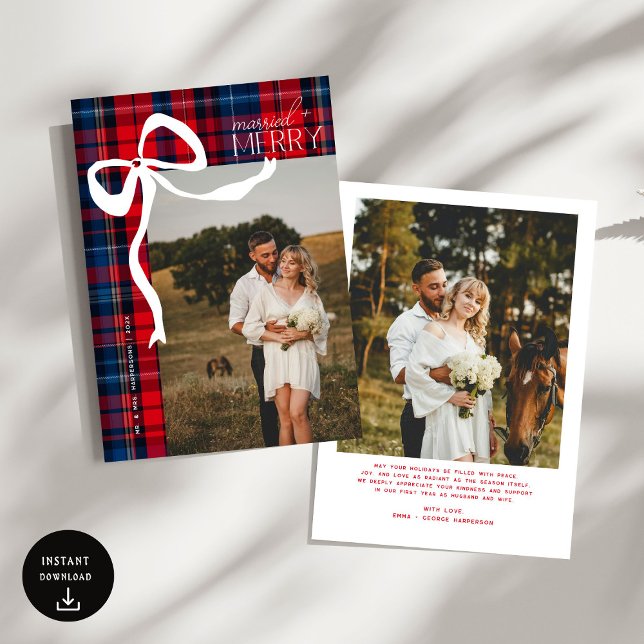Cartão De Festividades Merry & Married Script Photo Christmas Tartan Bow  (Criador carregado)