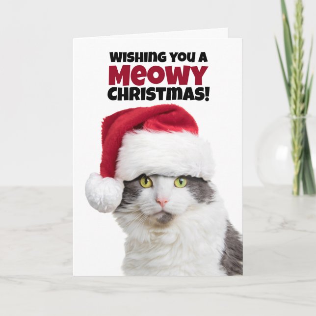 Cartão De Festividades Merry Meowy Christmas and Purr-fect New Year Cat (Frente)