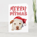 Cartão De Festividades Merry Pitmas | Funny Santa Pit Bull Dog<br><div class="desc">Adorable watercolor illustration of a white American pit bull terrier dog with a red santa hat. It says "Merry Pitmas" above the dog. Inside the card, there is an editable text that says "Happy holidays from our Pack to your Pack." Perfect card for pit bull lovers and owners so that...</div>