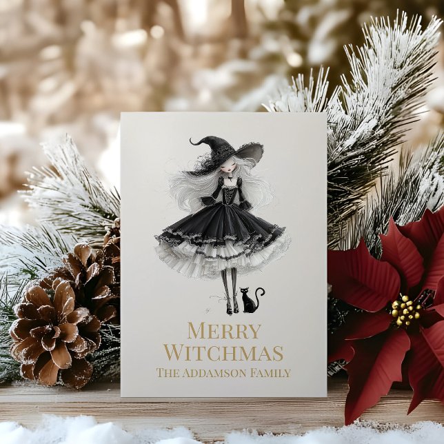 Cartão De Festividades Merry Witchmas Dark Gothic Witch Holiday Card (Merry Witchmas Dark Gothic Witch Holiday Card on a wooden table with Christmas decoration)