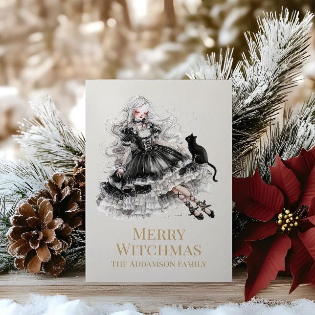 Cartão De Festividades Merry Witchmas Gothic Witch Custom Holiday Card (Merry Witchmas Gothic Witch Custom Holiday Card on a wooden table with Christmas decoration)
