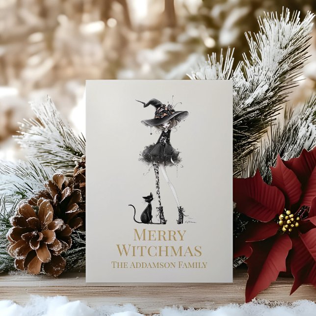 Cartão De Festividades Merry Witchmas Standing Witch Custom Holiday Card (Merry Witchmas Standing Witch Custom Holiday Card  on a wooden table with Christmas decoration)