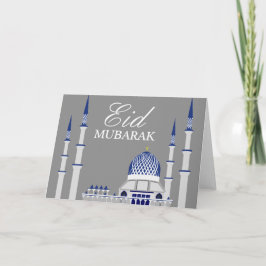 Cartão De Festividades Mesquita azul e branca elegante Eid Mubarak