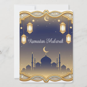 Cartão De Festividades Mesquita Azul e Dourada Minimalista Ramadan Mubara