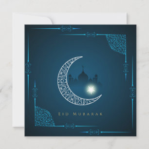 Cartão De Festividades Mesquita azul-estrela do Eid White Crescent 